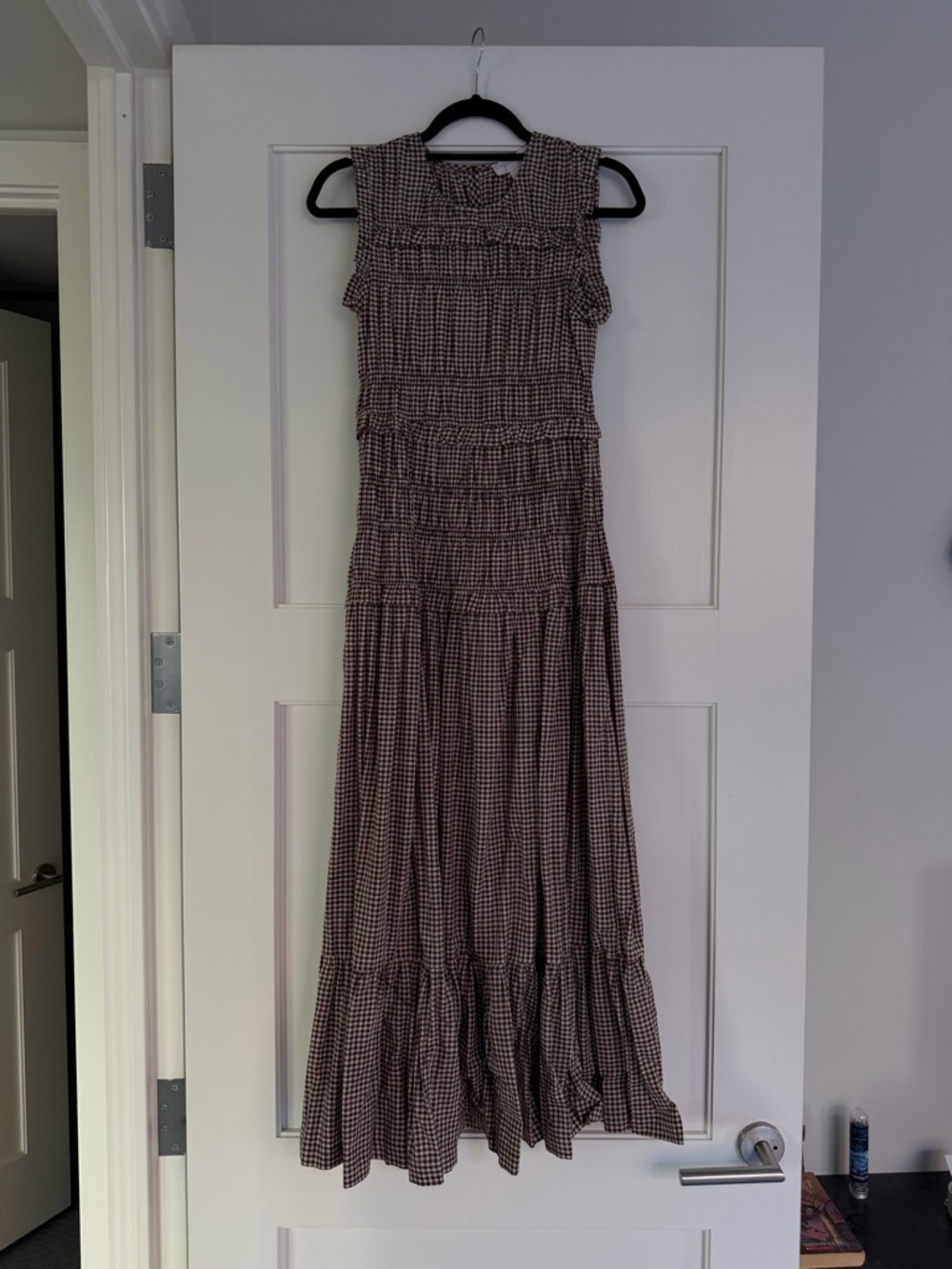 Caroline Constas Brown and White Gingham Ruffle Tiered Maxi Dress